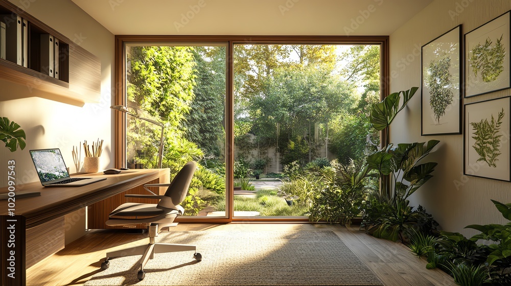 A serene home office setup with a desk, a laptop, and a view of a garden, creating a productive and peaceful work environment A serene home office setup with a desk, a laptop, and a view of a garden, creating a productive and peaceful work environment