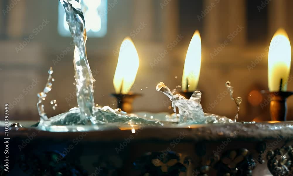 Water being poured into a baptismal font with candles burning in the background Water being poured into a baptismal font with candles burning in the background