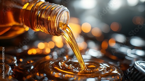 Golden Liquid Pouring into a Metal Surface with Bokeh Background