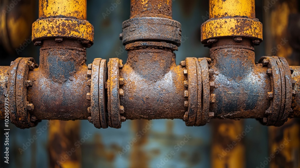 Closeup of Rusted Industrial Piping with Yellow Paint Closeup of Rusted Industrial Piping with Yellow Paint