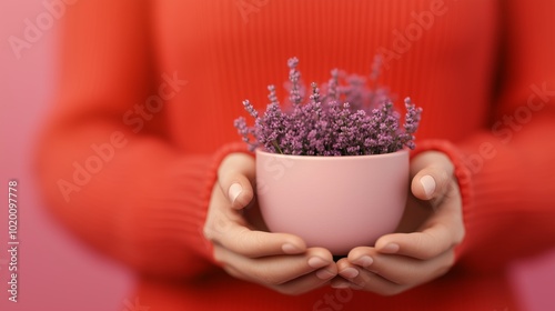 Woman s Hands Holding a Potted Plant with Pink Flowers photo