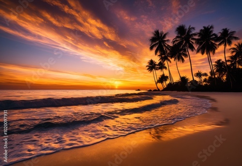 stunning vibrant sunset over tranquil tropical beach reflecting golden hues calm waves silhouetted palm trees, ocean, horizon, clouds, colors, sea, shore, sand