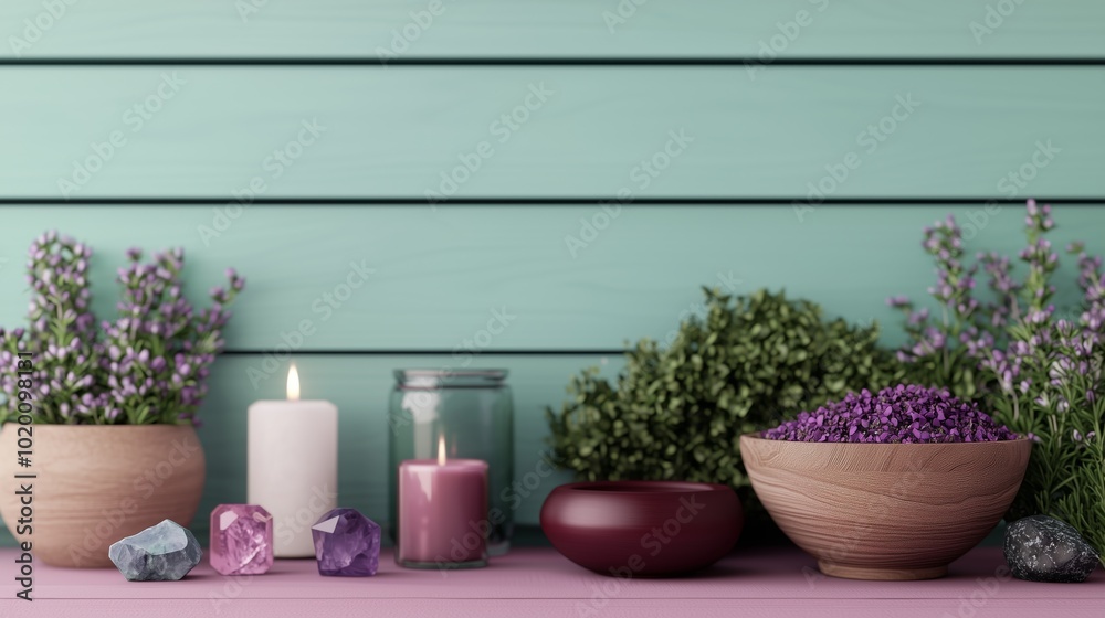 Fototapeta premium Lavender Candles and Crystals on Wooden Shelf with Pink Background