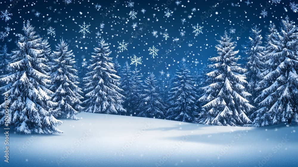 A serene winter landscape featuring snow-covered trees under a blue sky with falling snowflakes, creating a peaceful and picturesque scene. A serene winter landscape featuring snow-covered trees under a blue sky with falling snowflakes, creating a peaceful and picturesque scene.