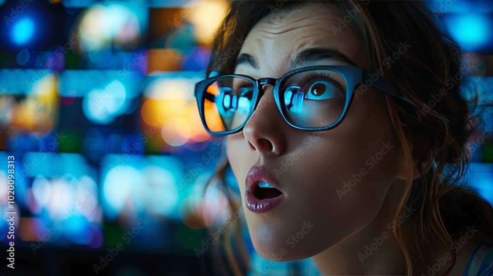 Close-up of a woman's amazed expression as she watches multiple screens with diverse multimedia content Close-up of a woman's amazed expression as she watches multiple screens with diverse multimedia content