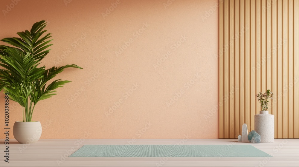 Minimalist Room Interior with Green Plant Wooden Wall and Yoga Mat