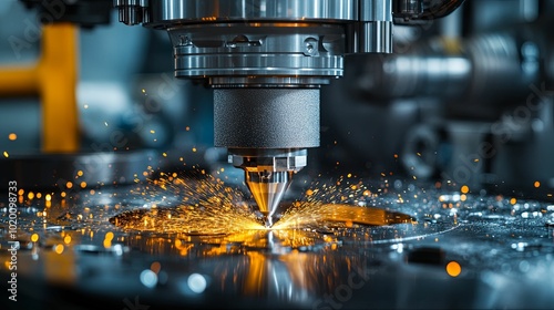 Close-up of a CNC Machine Cutting Metal with Sparks Flying