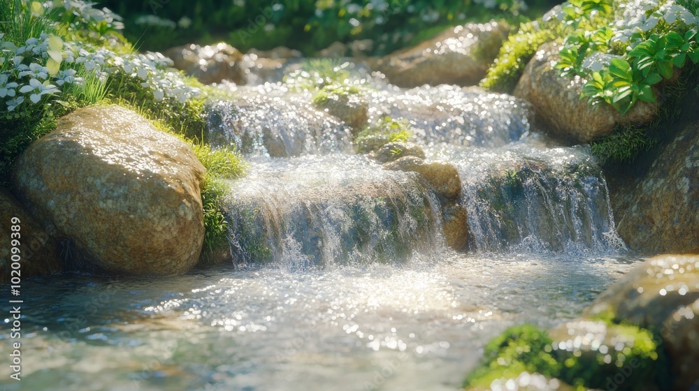 Fototapeta premium Cascading Water Over Rocks and Lush Greenery