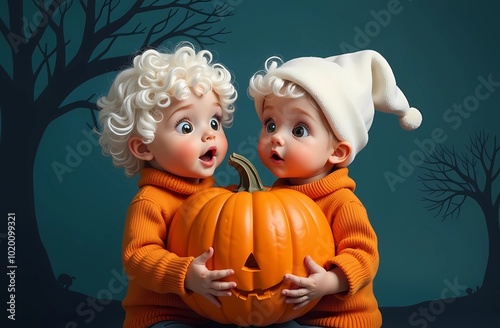 halloween with little girl and boy with curly white hair wearing orange sweaters and white sheets on their heads holding big orange pumpkin with surprised face on dark blue background with silhouette 