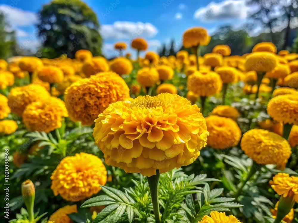 Vibrant Yellow Marigold Plants Blooming in a Garden Under Bright Sunshine on a Clear Day Vibrant Yellow Marigold Plants Blooming in a Garden Under Bright Sunshine on a Clear Day