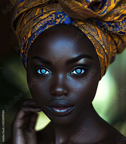 Go to Page
|Prev12345...12Next
Black skin woman with beautiful african turban, blue eyes. Advertising image photo