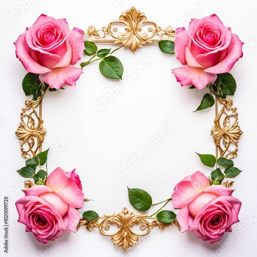 Pink rose flower Frame border Floral Nature illustration
