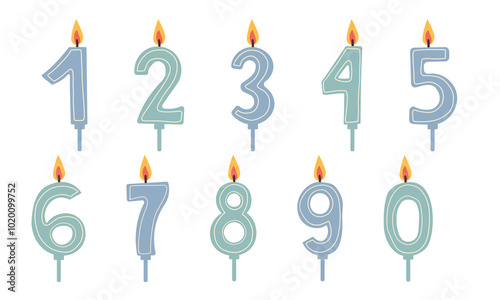 Cartoon anniversary numbers candle. Celebration cake candles burning lights, birthday number and party candle. Birth celebrate cakes decoration wax candles. Isolated vector icons set