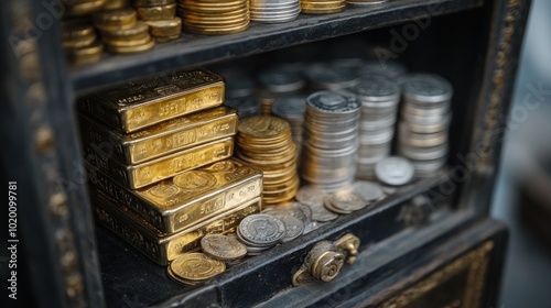 Image of safe filled with gold bars and silver coins. Investing in precious metals provides financial security and protection.