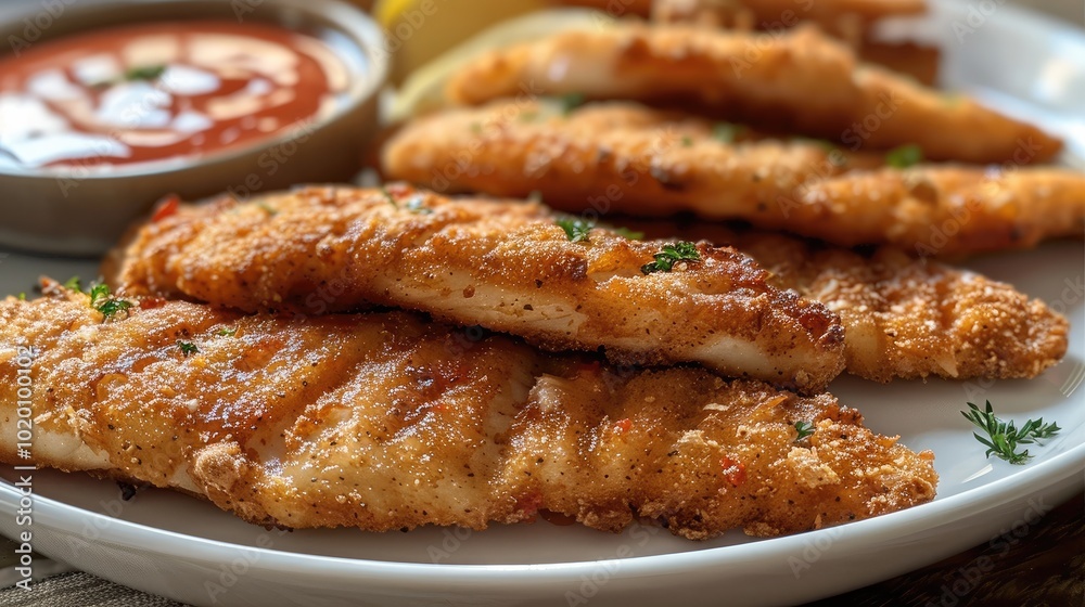 Fried catfish With Cocktail Sauce.