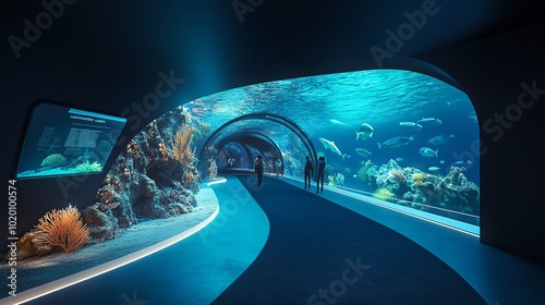 Underwater tunnel aquarium with coral reefs and fish.