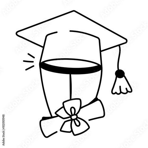 Graduation degree with cap, drawing style icon

