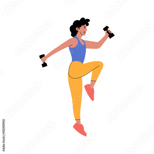 A woman enjoys her daily exercise with dumbbells.