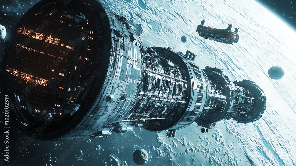 A space station orbiting a distant exoplanet, with futuristic spacecraft docking and leaving A space station orbiting a distant exoplanet, with futuristic spacecraft docking and leaving