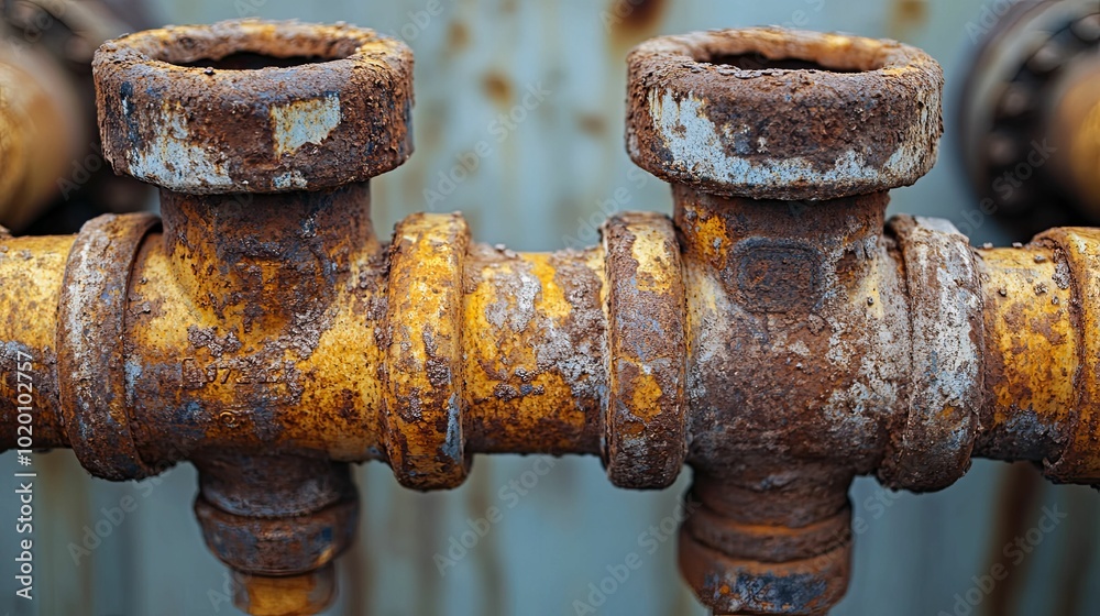 Close-up of Rusty, Yellowed Pipe with Two Connectors Close-up of Rusty, Yellowed Pipe with Two Connectors