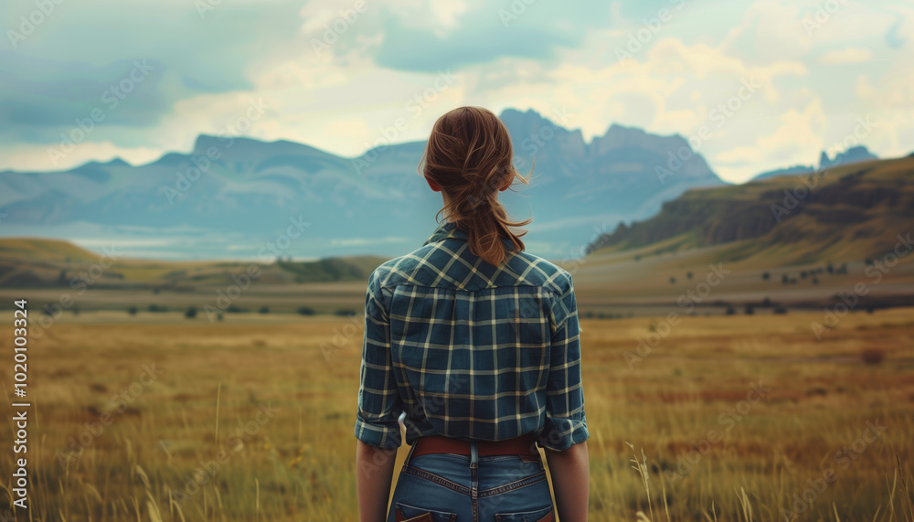 Φωτογραφία Woman in Plaid Shirt Enjoying Scenic Mountain View in Nature, Serene Moment in t