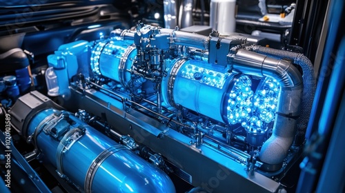 A view of the engine compartment of a hydrogen truck, demonstrating innovative clean energy propulsion technology in the transportation industry.