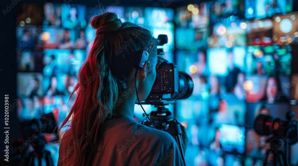 Female vlogger recording a video with a video wall displaying her previous vlogs in the background Female vlogger recording a video with a video wall displaying her previous vlogs in the background