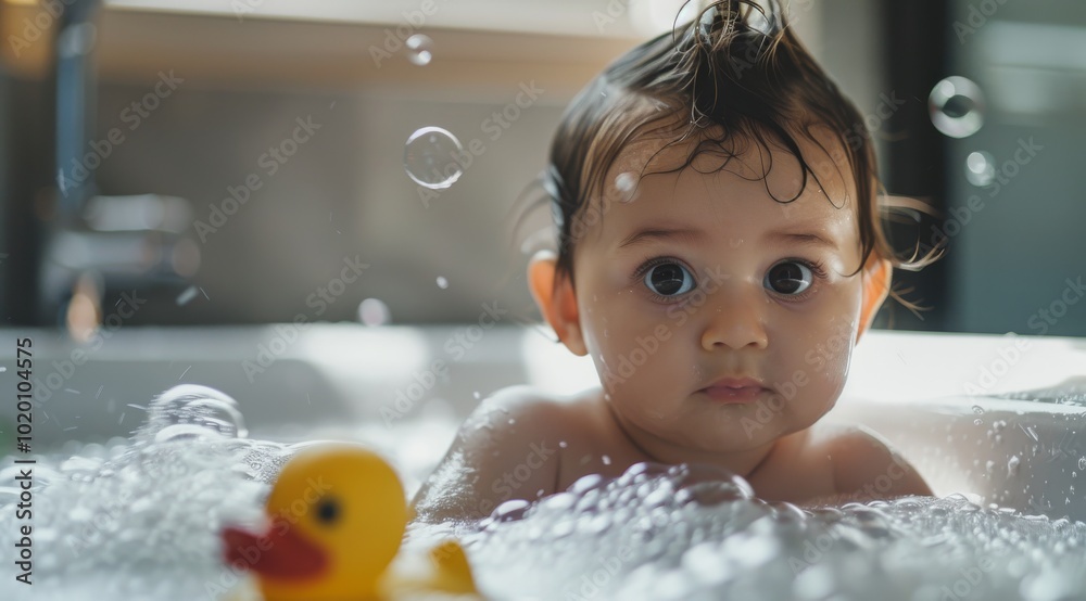 Cute baby in a bathtub with a rubber duck, soap suds on the face and hair, a bokeh background. New child, parenthood loving relationship Cute baby in a bathtub with a rubber duck, soap suds on the face and hair, a bokeh background. New child, parenthood loving relationship