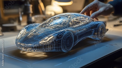 The automotive design team consults and refines the concept of the car's headlight layout, using 3D models and computer simulations.