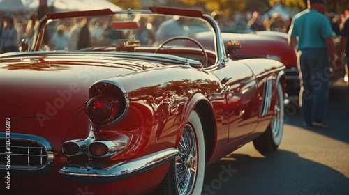 A vintage car show at a classic car festival. People walk around and take pictures with various designs of cars in a classic atmosphere.
