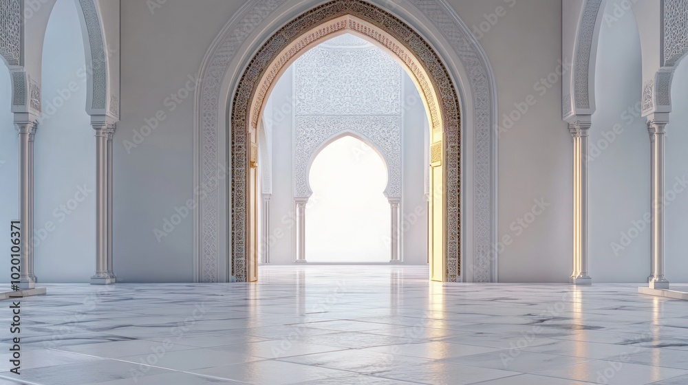 The background wall of the cinematic hallway door of Islamic architecture is white minimalist, the empty room leading into the mosque has a beautiful building in the foreground. The background wall of the cinematic hallway door of Islamic architecture is white minimalist, the empty room leading into the mosque has a beautiful building in the foreground.