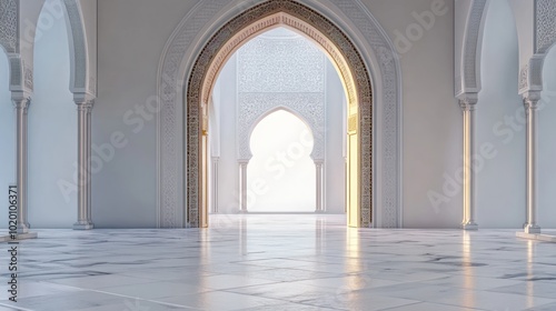 The background wall of the cinematic hallway door of Islamic architecture is white minimalist, the empty room leading into the mosque has a beautiful building in the foreground.