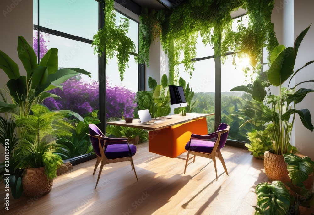 Fototapeta premium tranquil office environment featuring lush greenery colorful foliage bright natural light streaming through large windows, workspace, nature, plants, desk