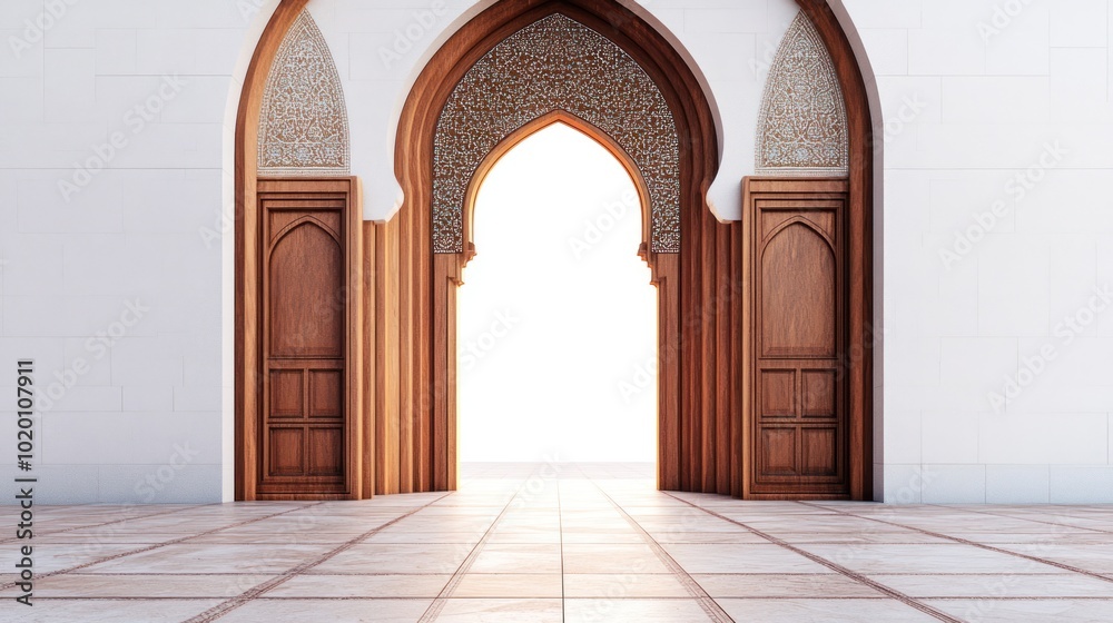 The background wall of the cinematic hallway door of Islamic architecture is white minimalist, the empty room leading into the mosque has a beautiful building in the foreground. The background wall of the cinematic hallway door of Islamic architecture is white minimalist, the empty room leading into the mosque has a beautiful building in the foreground.