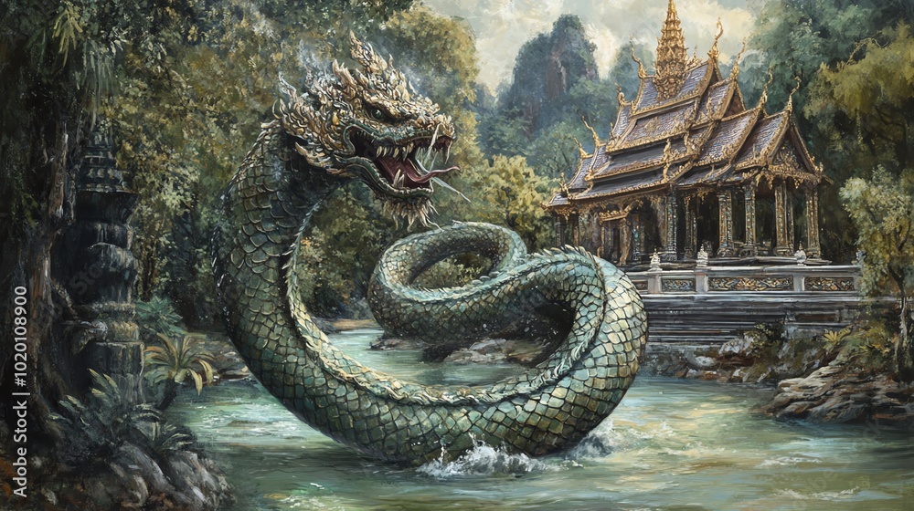 Fototapeta premium A Thai Naga, a serpent guardian, coiling around a temple by the river