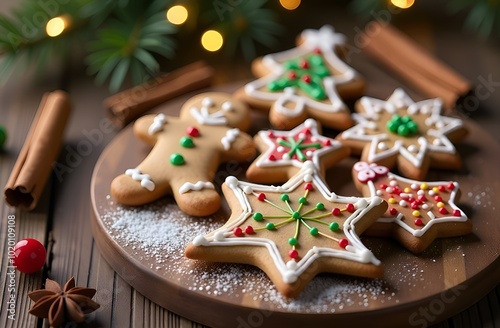 Festive gingerbread cookies arranged on a rustic wooden table, decorated with icing and sprinkles, surrounded by cinnamon sticks, star anise, pine branches, and holiday lights