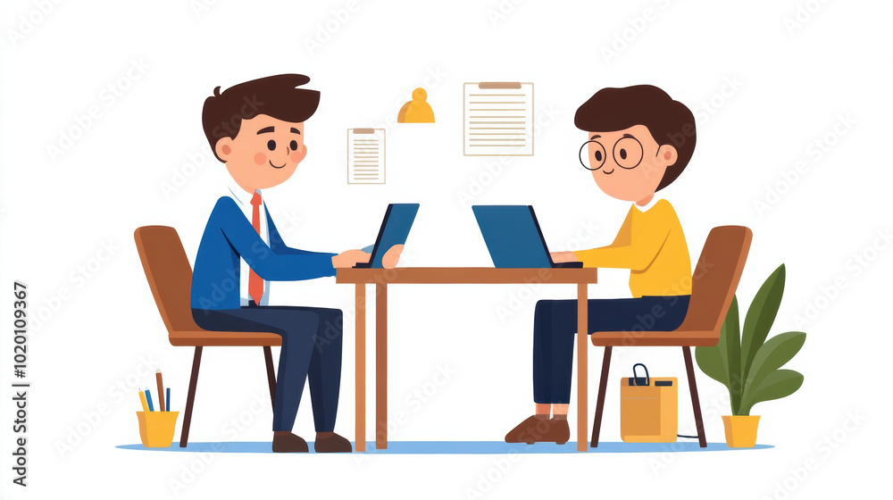 manager mentoring employee in one on one meeting, both engaged with laptops at table. atmosphere is collaborative and focused, fostering professional growth manager mentoring employee in one on one meeting, both engaged with laptops at table. atmosphere is collaborative and focused, fostering professional growth