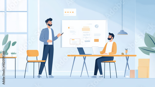man leading creative workshop in modern office setting, engaging with colleague. atmosphere is collaborative and innovative, showcasing teamwork and creativity