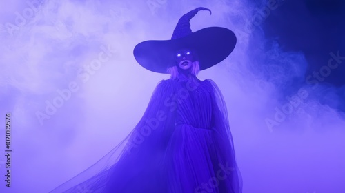 Wallpaper Mural Enchanting Halloween Fashion Elegance: Whimsical Model in Oversized Witch Hat and Glowing Bats Gown on Misty Runway Torontodigital.ca