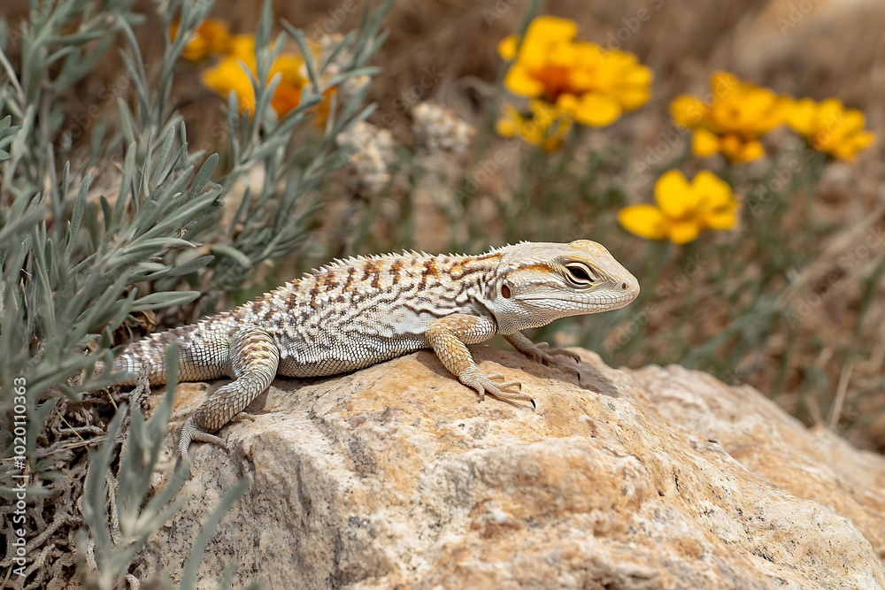 Naklejka premium A lizard rests on a rock surrounded by flowers in a natural setting.
