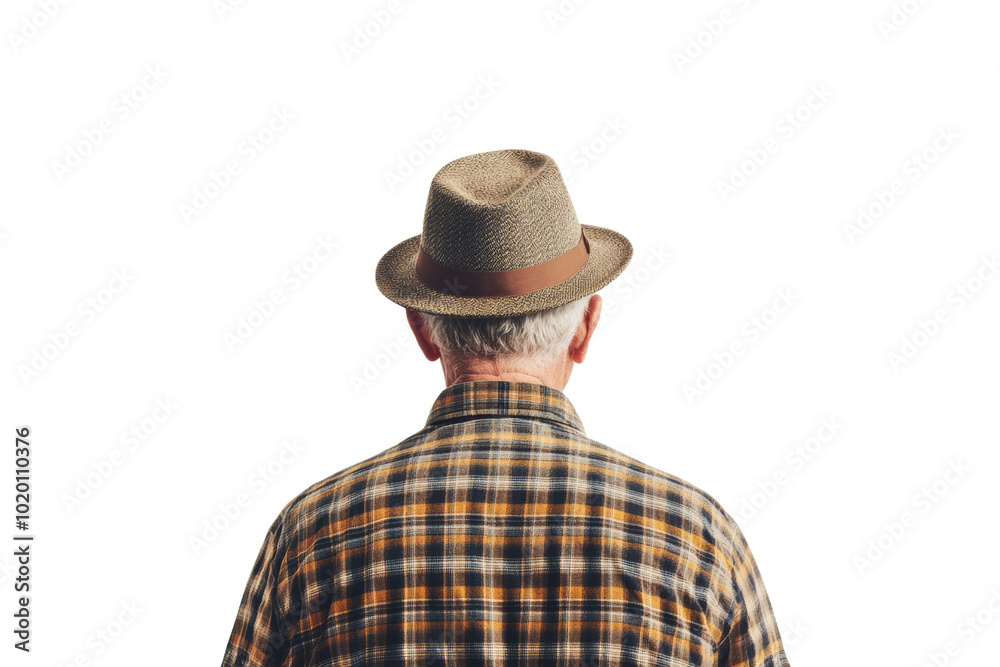 Elderly man in a checkered shirt and hat, viewed from behind, showcasing wisdom and experience. Elderly man in a checkered shirt and hat, viewed from behind, showcasing wisdom and experience.