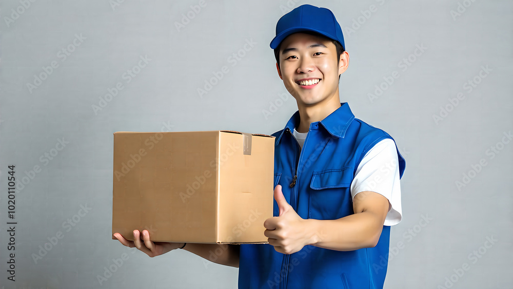 A cheerful young delivery man with a blue cap and vest gives a thumbs-up, holding a delivery box 03 A cheerful young delivery man with a blue cap and vest gives a thumbs-up, holding a delivery box 03