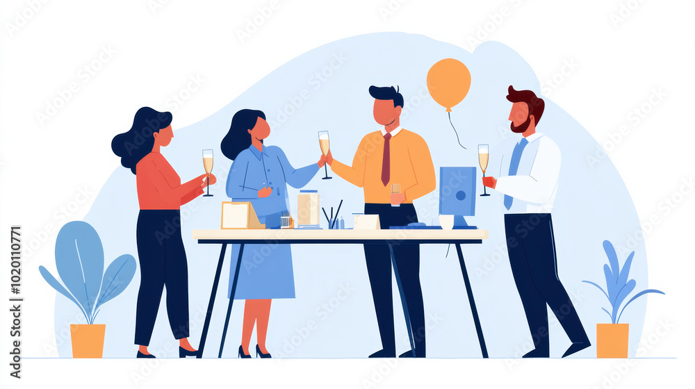 Celebrating milestone, diverse team raises champagne glasses in joyful atmosphere. scene captures camaraderie and success, with decorations enhancing festive mood