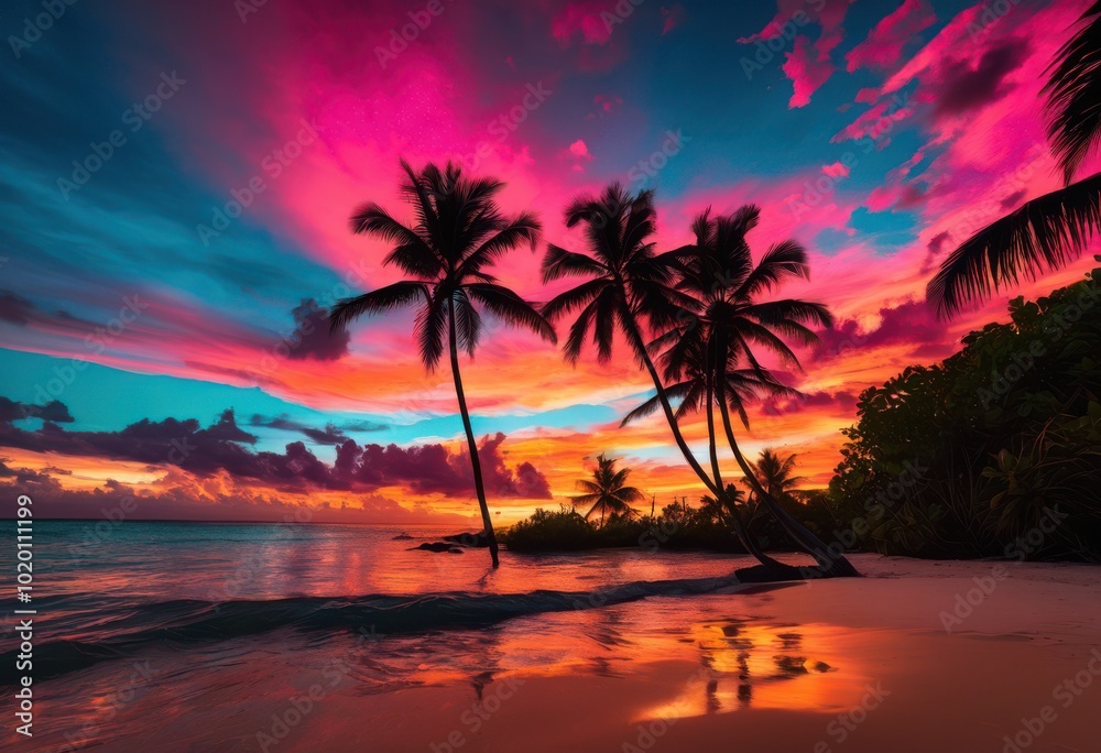 stunning silhouettes lush palm trees fiery vibrant sunset sky enveloping tropical landscape, island, evening, horizon, exotic, foliage, resort, travel stunning silhouettes lush palm trees fiery vibrant sunset sky enveloping tropical landscape, island, evening, horizon, exotic, foliage, resort, travel