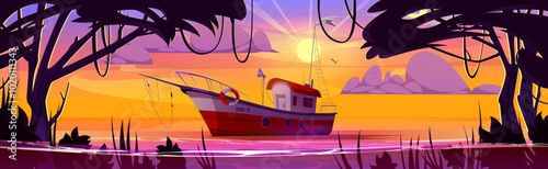 Fishing boat on lake at sunrise. Vector cartoon illustration of motor boat floating on water surface, underwater plants and lianas on tropical trees, birds flying in orange sunset sky, summer travel