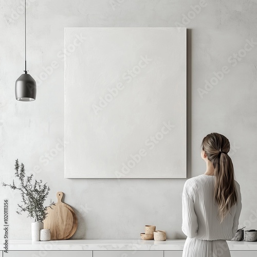 Minimalist Nordic Kitchen with Blank Canvas and Girl's Thoughtful Stare
