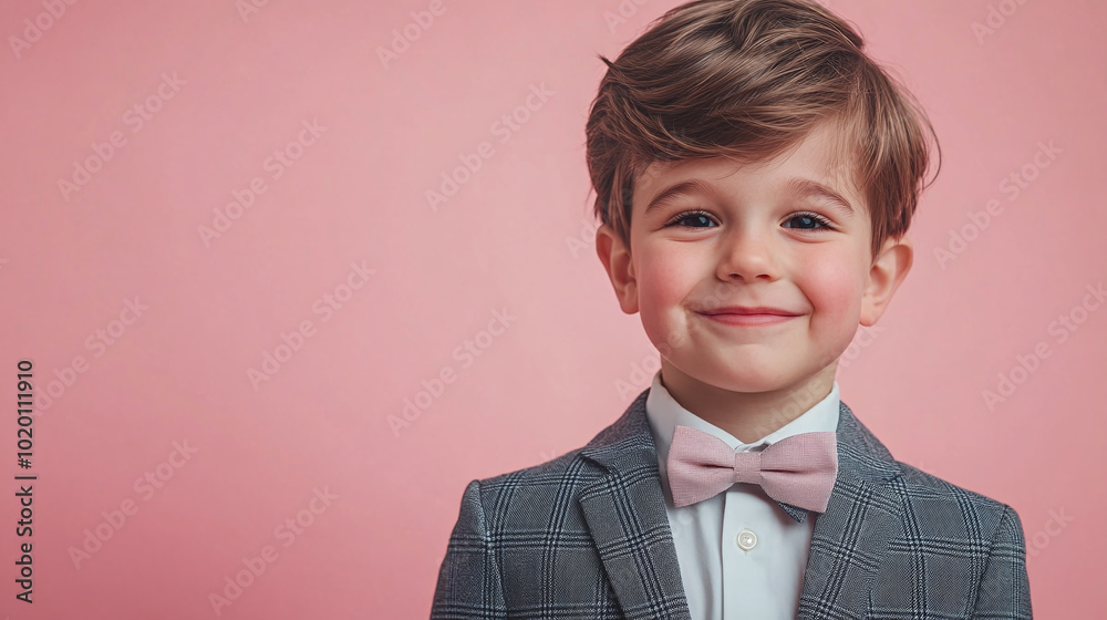 A charming little boy in a classic suit and bow tie, smiling warmly against a soft pastel pink background with copy space. A charming little boy in a classic suit and bow tie, smiling warmly against a soft pastel pink background with copy space.