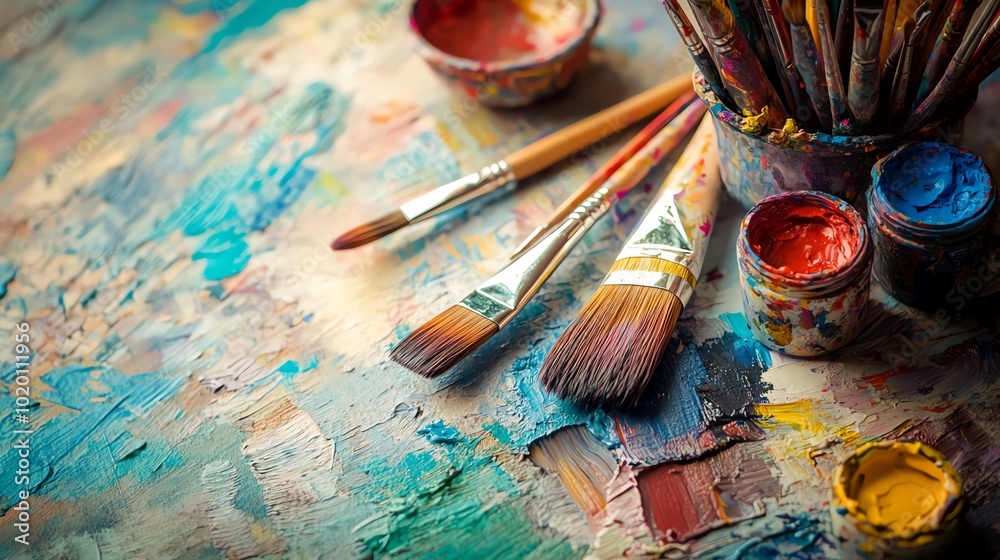 Fototapeta premium A vibrant collection of paints, brushes, and a partially completed canvas on an artist s desk, with a creative and lively atmosphere