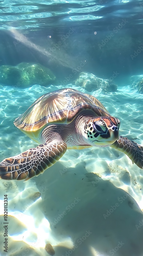Fototapeta premium A serene underwater scene featuring a swimming turtle amidst clear blue waters.
