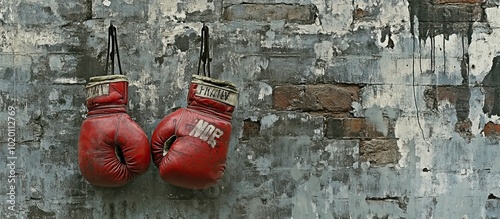 Red Boxing Gloves Hanging on a Weathered Wall
